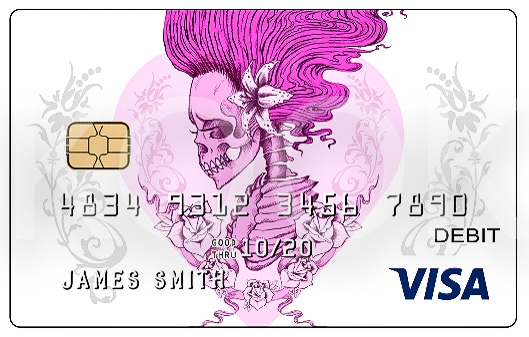 Pankkikortti ja Pinkki luuranko ja pääkallo - Urban Rock henkiset pankkikortit erottuvat! Kook Management edustaa Alchemy Englandin kuvagallerioita ja yli 800 kuvateosta. #Bankcard #luottokortti #pankkikortti #debitkortti